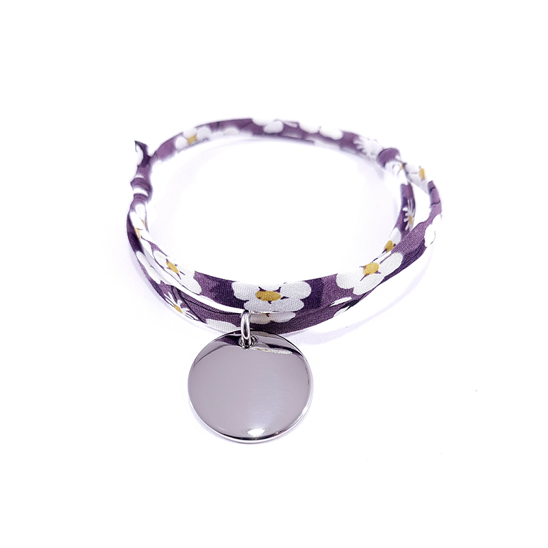 bracelet liberty violet et médaille en argent personnalisable