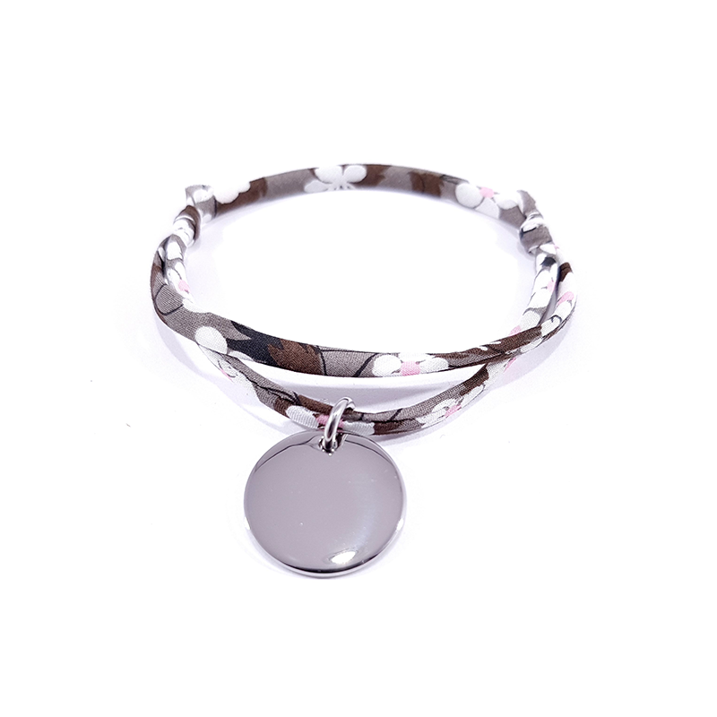 bracelet liberty marron et médaille à graver ronde en argent bracelet liberty marron et médaille à graver ronde en argent