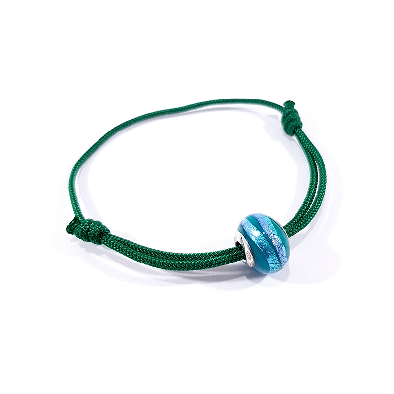 bracelet cordon tressé et perle de murano vert et bleu