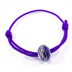 bracelet cordon violet et perle verre de murano violet zébré blanc argenté