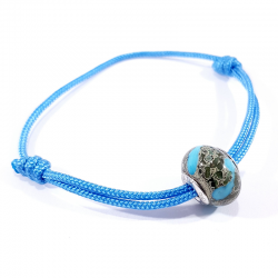 bracelet cordon bleu polaire et perle en verre bleu et gris pierre