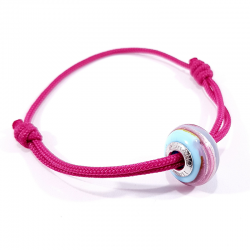 bracelet cordon fuchsia et perle en verre rose, argent et bleu clair
