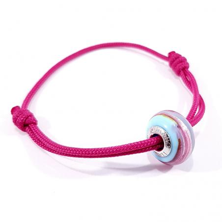 bracelet cordon fuchsia et perle en verre rose, argent et bleu clair