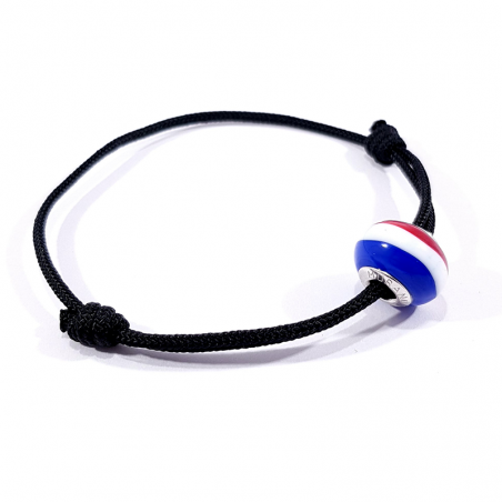 Bracelet cordon noir et charm murano bleu blanc rouge