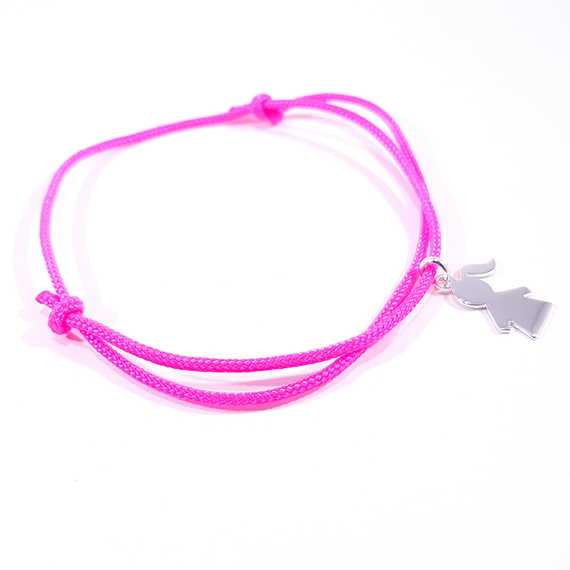 bracelet cordon tressé rose fluo et pendentif motif fille en argent 925 bracelet cordon tressé rose fluo et pendentif motif fille en argent 925