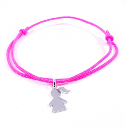 bracelet cordon rose fluo et pendentif motif fille en argent 925