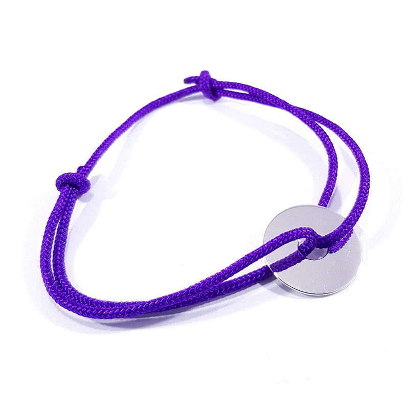 bracelet cordon tressé violet et jeton cible en argent 925