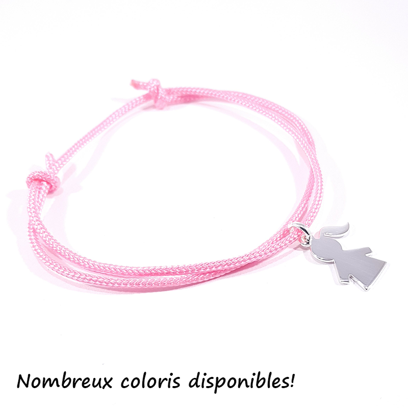 Bracelet cordon tressé nœuds coulissants et pendentif motif fillette en argent 925 à personnaliser