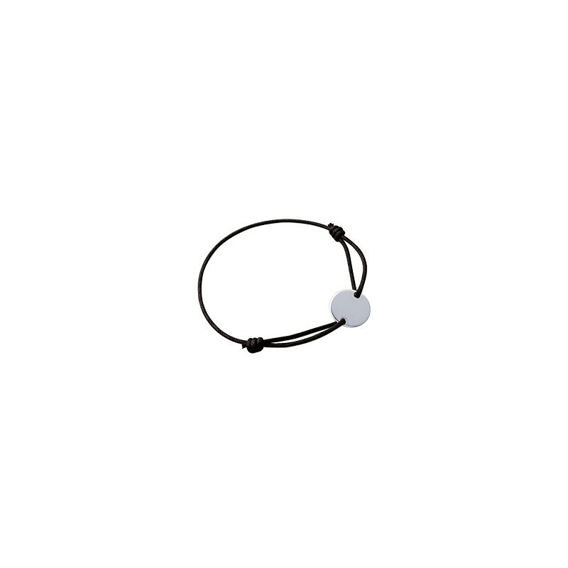 bracelet cordon ciré noir avec plaque ronde argent à graver