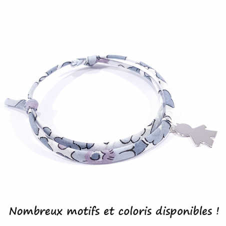 Bracelet liberty avec nœuds coulissants et pendentif silhouette petit garçon en argent 925 à personnaliser