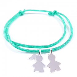 bracelet cordon personnalisé vert menthe avec 2 personnages en argent
