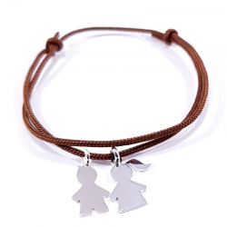 bracelet cordon personnalisé marron chocolat avec 2 personnages en argent