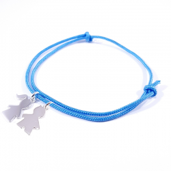bracelet cordon personnalisé bleu polaire avec 2 personnages en argent