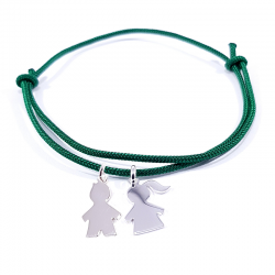 bracelet cordon personnalisé vert herbe avec 2 personnages en argent