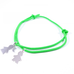 bracelet cordon personnalisé vert néon avec 2 personnages en argent
