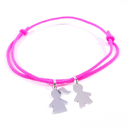 bracelet cordon personnalisé rose néon avec 2 personnages en argent