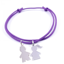 bracelet cordon personnalisé violet avec 2 personnages en argent