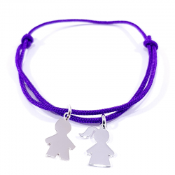 bracelet cordon personnalisé violet avec 2 personnages en argent
