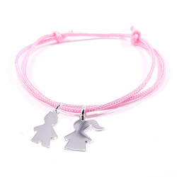 bracelet cordon personnalisé rose avec 2 personnages en argent