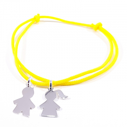 bracelet cordon jaune et 2 personnages argent