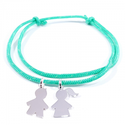 bracelet cordon vert menthe et 2 personnages argent
