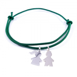 bracelet cordon vert herbe et 2 personnages argent