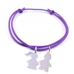 bracelet cordon lilas mauve et 2 personnages en argent