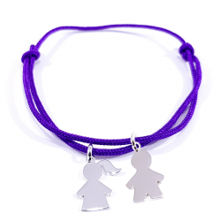 bracelet cordon violet et 2 personnages en argent
