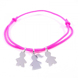 bracelet cordon rose fluo et 3 personnages en argent