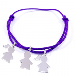 bracelet cordon violet et 3 personnages en argent