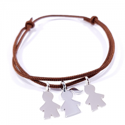 bracelet cordon marron chocolat et 3 personnages argent