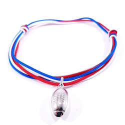 bracelet cordon tricolore et ballon de rugby en argent massif