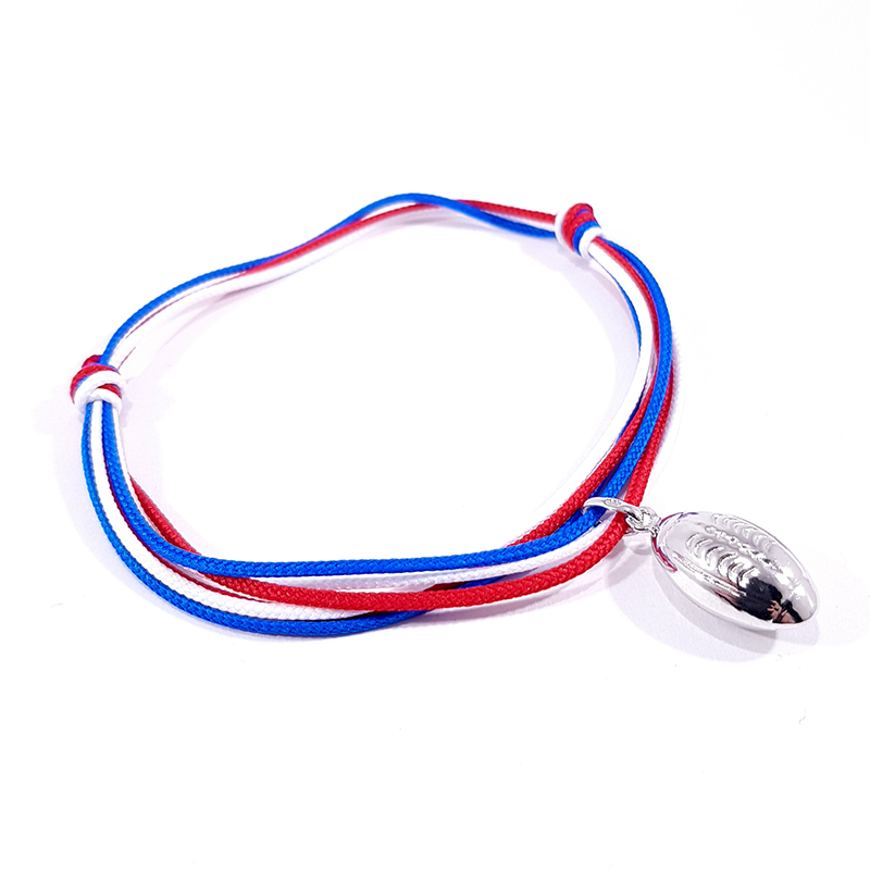 bracelet tricolore et ballon de rugby en argent