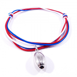 pendentif ballon de rugby en argent sur cordon tricolore