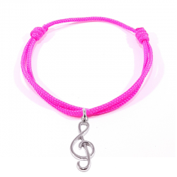 bracelet cordon tressé rose fluo avec pendentif clef de sol en argent 925