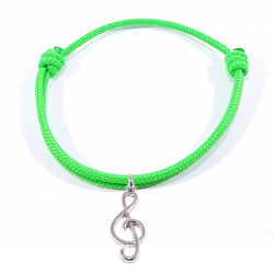 bracelet cordon tressé vert fluo avec pendentif clef de sol en argent 925