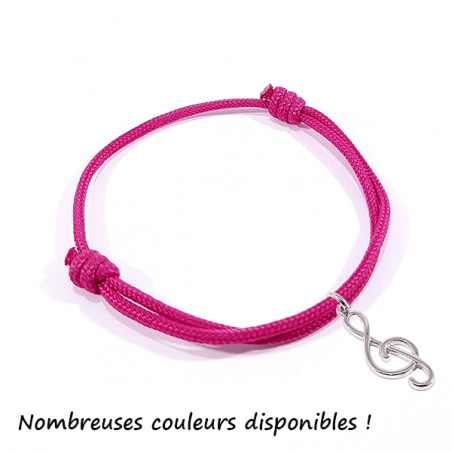 bracelet cordon avec clé de sol en argent disponible dans de nombreuses couleurs