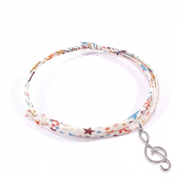 Bracelet en tissu liberty  motif étoiles avec pendentif clef de sol en argent massif