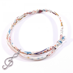 Bracelet en tissu liberty  motif étoiles clef de sol en argent massif