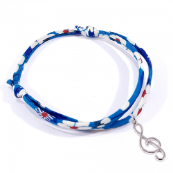 Bracelet en tissu liberty  bleu outremer avec pendentif clef de sol en argent massif