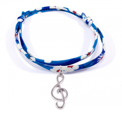 Bracelet en tissu liberty  bleu outremer avec pendentif clef de sol