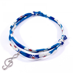 Bracelet en tissu liberty  bleu clef de sol en argent massif