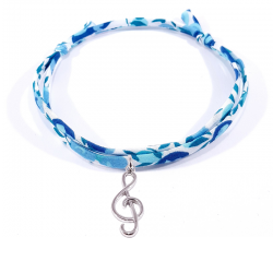 Bracelet en tissu liberty  bleu cristal avec pendentif clef de sol