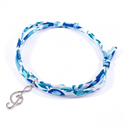 Bracelet en tissu liberty  bleu cristal clef de sol en argent massif