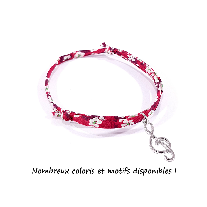 Bracelet en tissu liberty avec pendentif clef de sol en argent massif