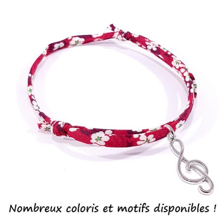 Bracelet en tissu liberty avec pendentif clef de sol en argent massif