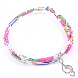 Bracelet en tissu liberty fuchsia avec pendentif clef de sol en argent massif