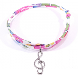 Bracelet en tissu liberty fleur de  fuchsia avec pendentif clef de sol en argent massif