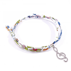 Bracelet en tissu liberty fleur de grenade avec pendentif clef de sol en argent massif