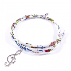 Bracelet en tissu liberty fleur de grenade clef de sol en argent massif